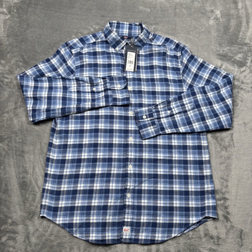 Vineyard Vines Murray Shirt Men's Medium Classic Fit Plaid Blue Linen Blend NWT